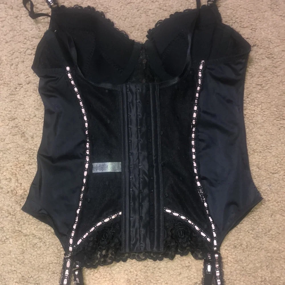 Adore Me Floral Lace Polka Dot Mesh Satin Corset Bustier Black Pink‎ Ribbon 34B